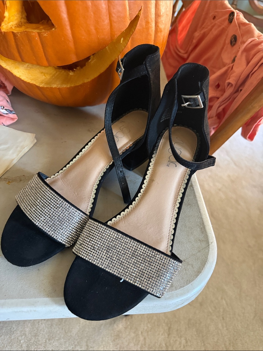 Black Rhinestone Strap Ankle-Heel Sandals - Women